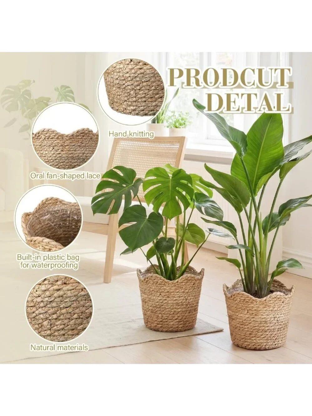 4 Large Seagrass Planter Baskets with Plastic Lining - Woven Storage Bins for